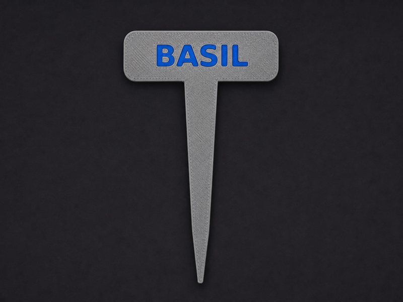 Two-color 3D-printed garden marker stake labeled with an herb name