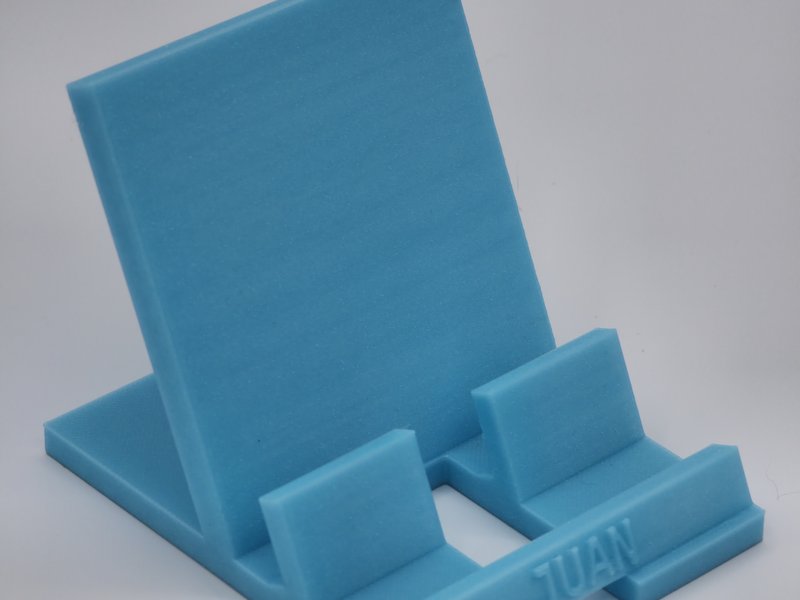 3D-printed phone and tablet stand in Celestial Blue silk PLA