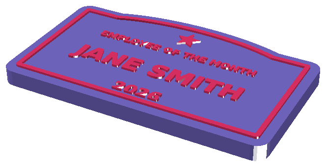 Two-color 3D-printed award plaque with a star, title, name, and year in a raised frame