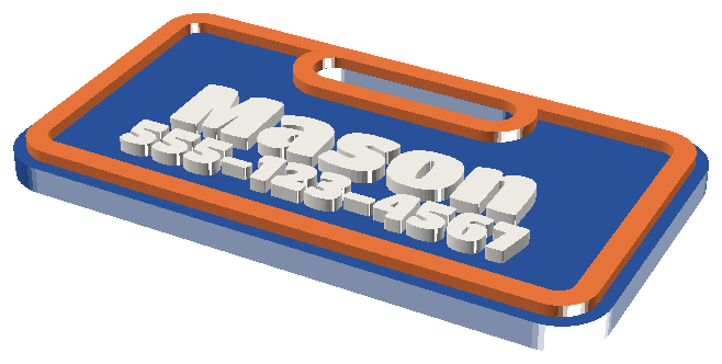 Two-tone 3D-printed backpack tag with the name Mason in bubble letters and a phone number, orange frame on navy