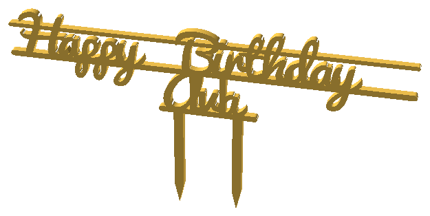 3D-printed script cake topper reading Happy Birthday Ava on banner rules with two cake picks
