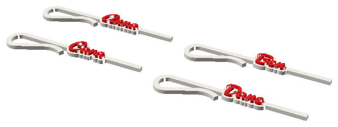 Set of 3D-printed clip-on wine glass name tags with red script names on white clips
