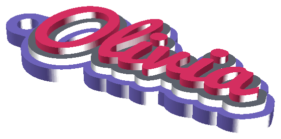 Two-color 3D-printed script name keychain with a raised outline and keyring loop