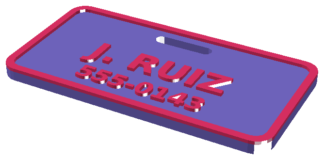 Two-color 3D-printed luggage tag with a raised name and reinforced strap slot