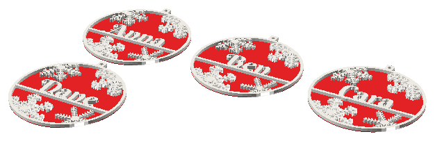 Set of two-color 3D-printed Christmas name ornaments printed together as a multipack