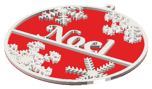 Two-color 3D-printed Christmas ball ornament with a script name and snowflakes