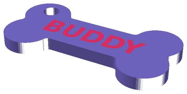 Two-color 3D-printed pet ID tag shaped like a bone with a raised pet name