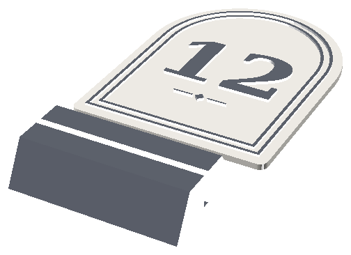 3D-printed arch-top wedding table number tile reading 12 with a slim double-rule border on a stand